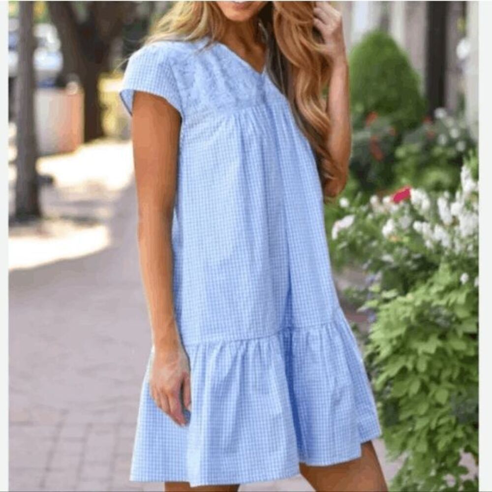 J. Marie Blue GIngham Plaid Lace Embroidered Tiered Mini Dress Womens Size Small